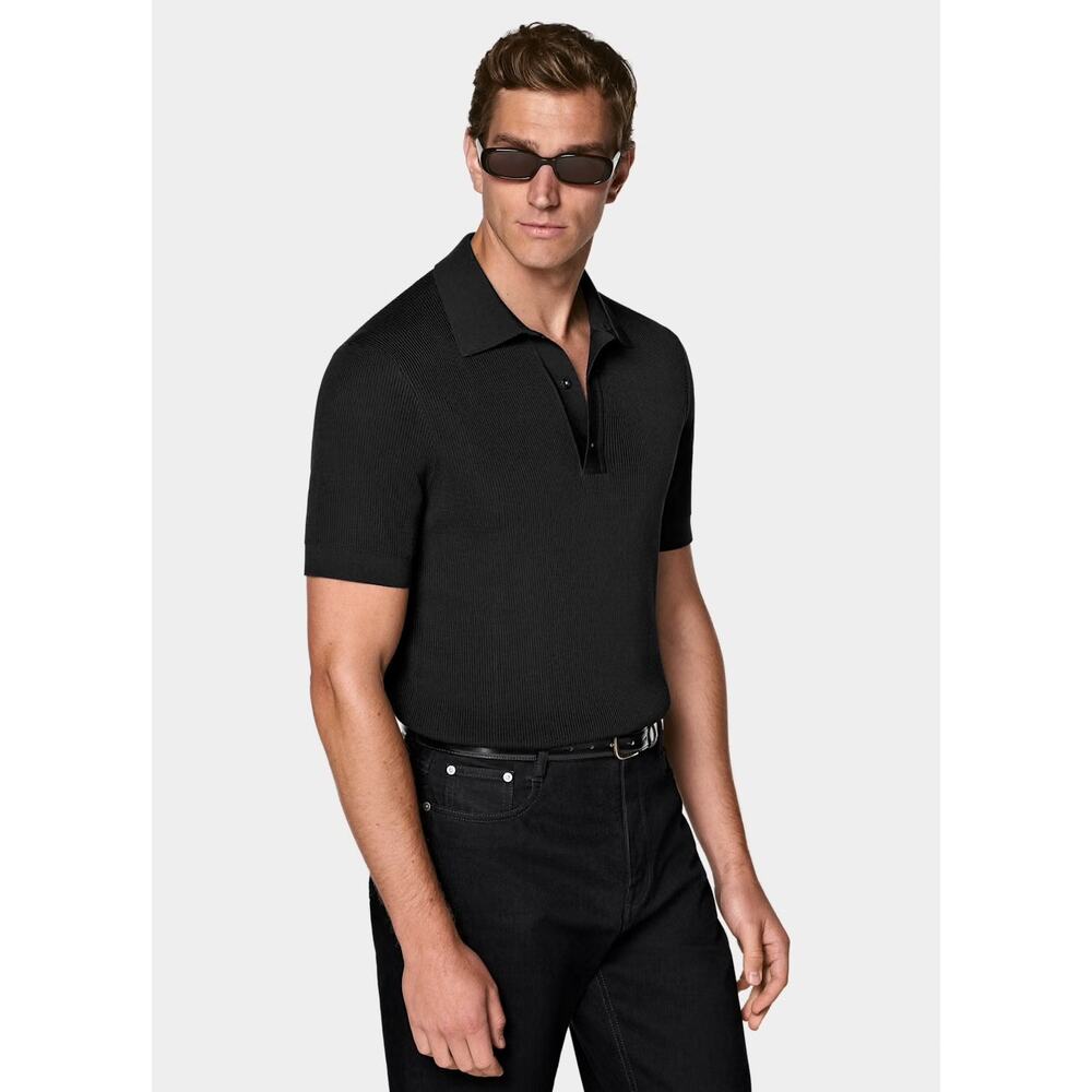 Suitsupply Ribbed Cotton Silk Polo Shirt Black Size S EUC